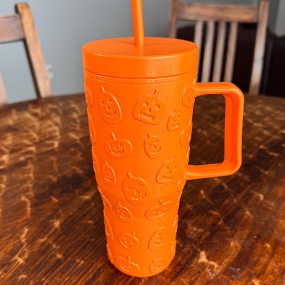 Unbranded Other - Orange Halloween Jack-O-Lantern Pumpkin Embossed Tumbler Handle and Straw NEW